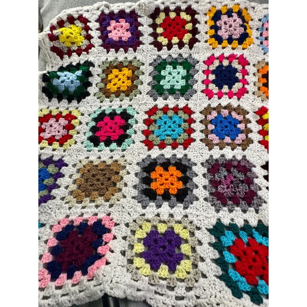 Vintage Handmade Crochet Granny Square Blanket Multi Color Boho Throw 43x43